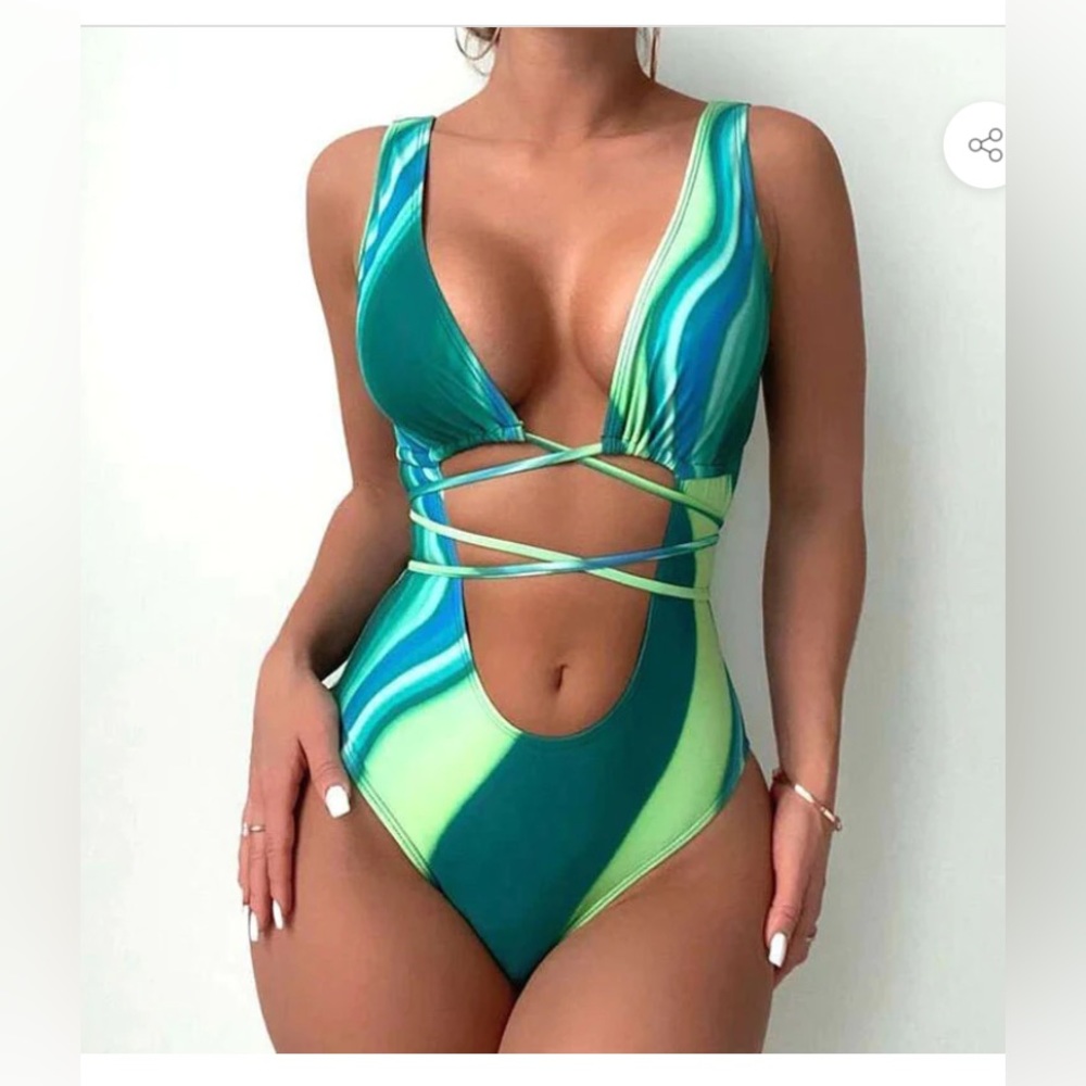 4 for $20 NWT High Cut Tie Up Brazilian One Piece Swimsuit - Blue/Green - M
